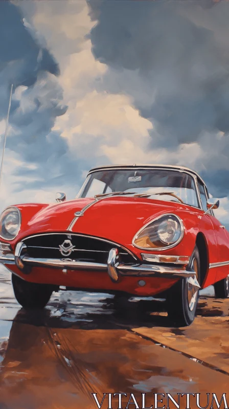 Captivating Oil Painting of a Red Classic Car and Clouds AI Image