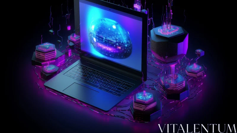 Glowing Globe Laptop on Dark Surface AI Image