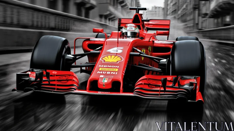 Red Formula 1 Car Racing on Wet Track AI Image