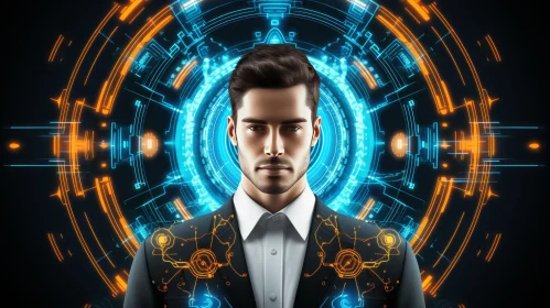 Serious Portrait of a Man with Glowing Circuit Board