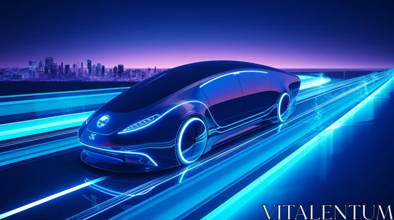 Sleek Futuristic Car in Night Cityscape AI Image