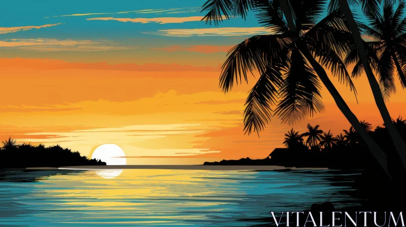 AI ART Tranquil Sunset Over Ocean - Palm Trees Silhouette