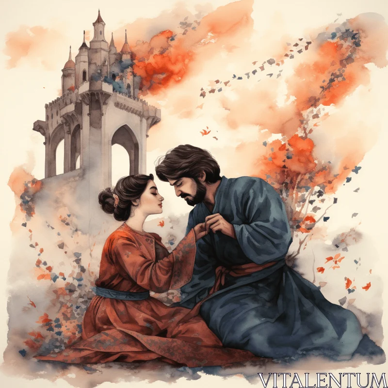 Captivating Fantasy Illustration of Love in Front of a Castle AI Image