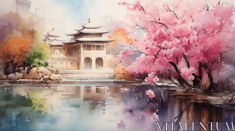 Detailed Watercolor Asian Painting of Fictional Landscapes AI Image