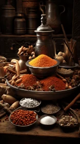 Exquisite Indian Spice Display on Wooden Table | Rich Colors and Intricate Textures