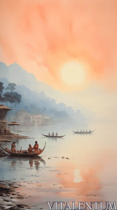 Serenity on the Water: A Captivating Artwork of Boats and Tranquil Scenes AI Image