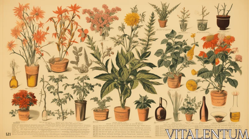 Antique Print of Potted Plants in Rural Setting | Nostalgic Artwork AI Image