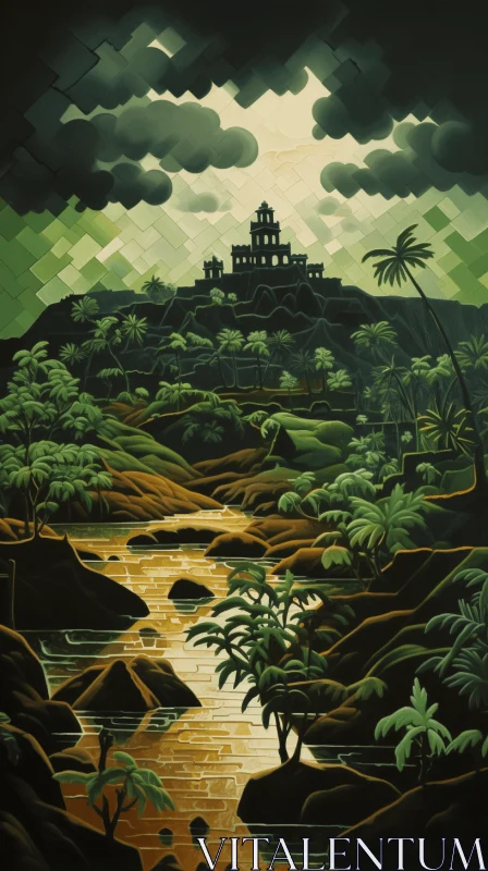 Captivating Digital Art: Landscape with Castle, Palm Trees, and Dark Clouds AI Image