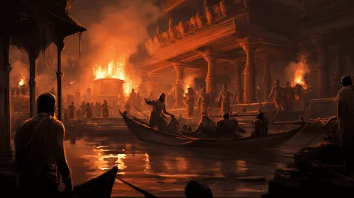 Captivating Image of People in Burning Boats - Hindu Art and Architecture