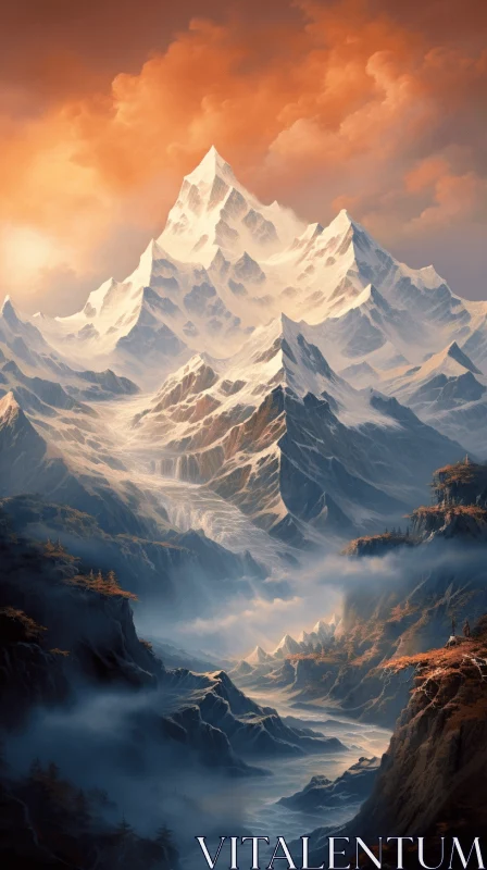 Cloudy Mountains: Detailed Fantasy Art Wallpaper AI Image