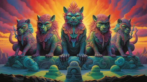 Captivating Artwork: Colored Lions in Ethereal Composition