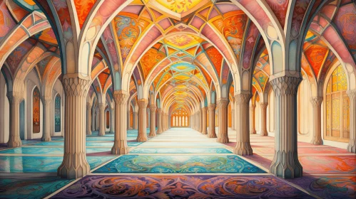 Hallway with Marble Flooring and Arches - Colorful Fantasy Realism