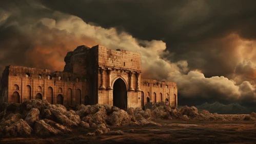 Mysterious Castle Amidst Rocky Terrain: Mesopotamian Art Inspiration