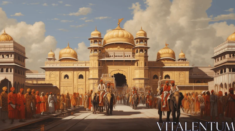 Golden Brick Building with Majestic Elephants | Mughal Art AI Image