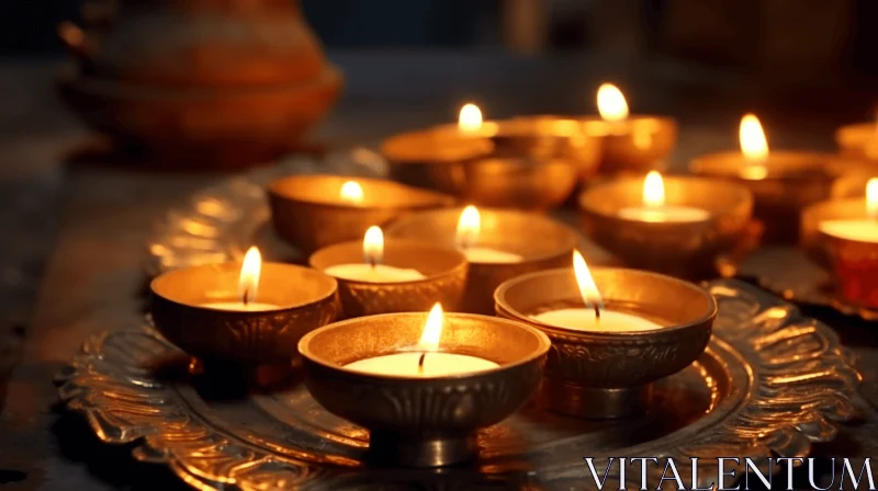 Captivating Composition of Lighted Candles in Brass Bowls | Indian Traditions | Raw Energy AI Image