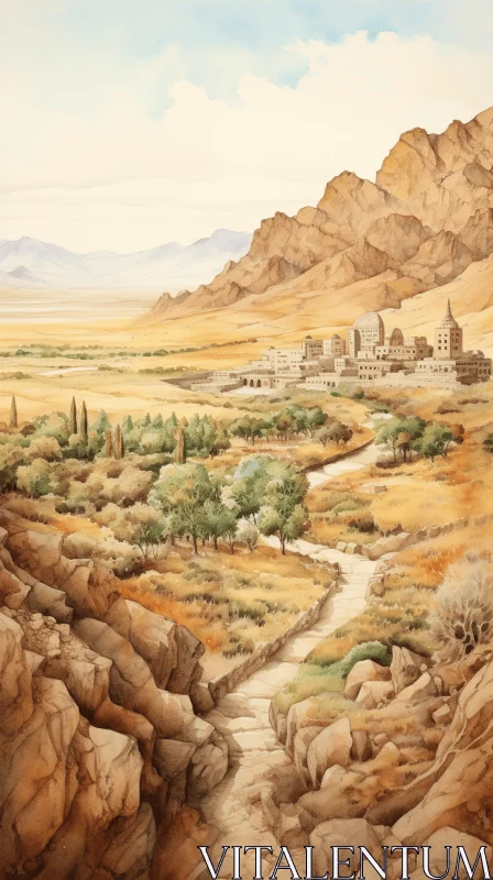 Serene Valley with Ancient Settlement: A High-Detailed Painting AI Image