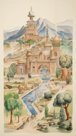 Captivating Watercolor Painting of a Castle in a Lake | Aerial View