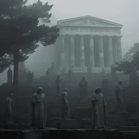 Ethereal Bronze Statues in a Misty World | Classical Architecture