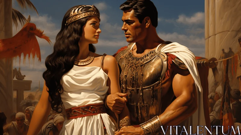 Captivating Painting of Ancient Roman and Greek Couple in a Vibrant City AI Image