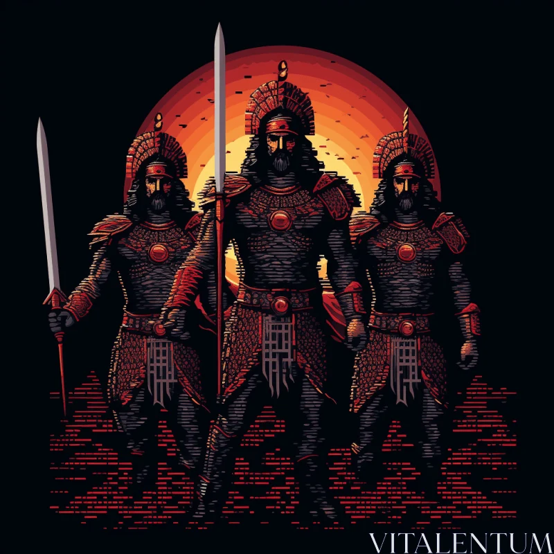 Indian Warriors Standing in Front of Sunset - Pixel Art, Dark Humor Graphic Prints AI Image
