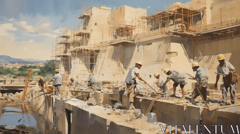 Construction Workers Building a Bridge - Phoenician-inspired Oil Painting AI Image
