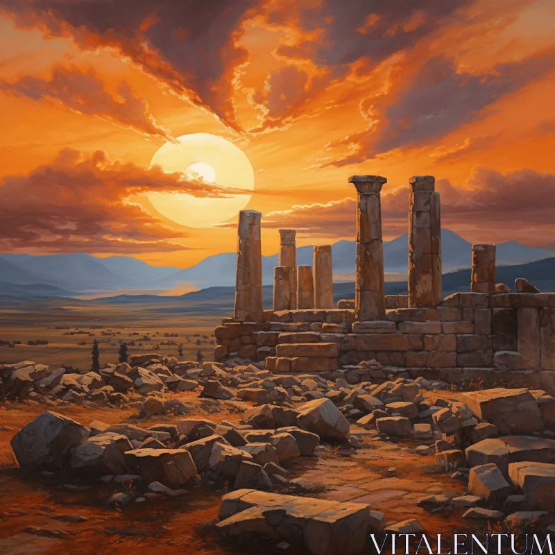 Ancient Ruins at Sunset: A Utopian Landscape of Symbolic Figurative Landscapes AI Image
