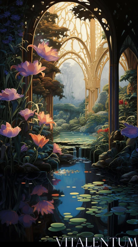 Enchanting Pond with Pink Flowers - Futurist Gothic Fantasy Art AI Image