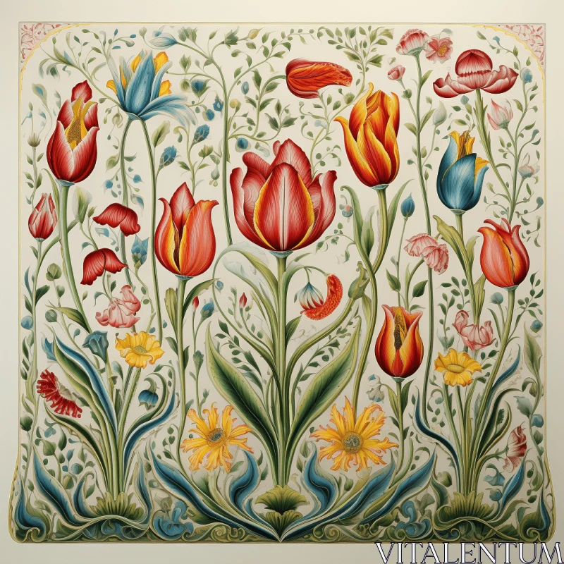 Exquisite Watercolor Panel of Tulips in a Floral Pattern | Danish Design AI Image