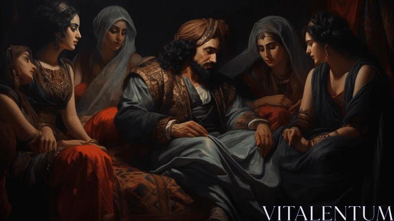 Captivating Oil Painting of Women and Man in Conversation | Biblical Grandeur AI Image