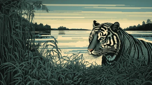Majestic Tiger in Grass Near Water | Darkly Detailed Illustration