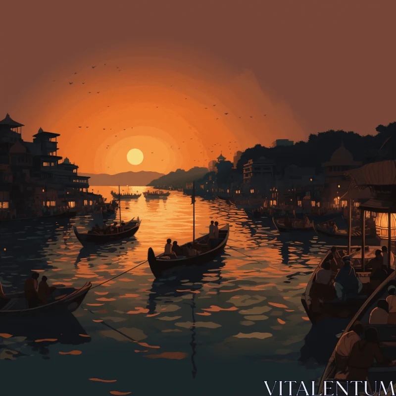 Sailing at Sunset: Captivating Asian Cities and River Scene AI Image