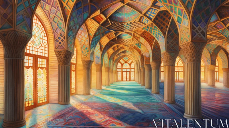 Brightly Painted Hall with Detailed Fantasy Art and Islamic Architecture AI Image