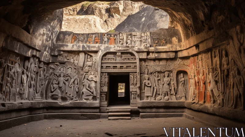 Elaborate Cave Entrance with Statues | Dark and Foreboding Atmosphere AI Image