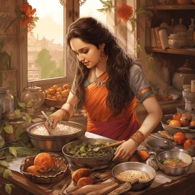 Transcendent Nature: A Young Lady Cooking with Rich Tonal Palette