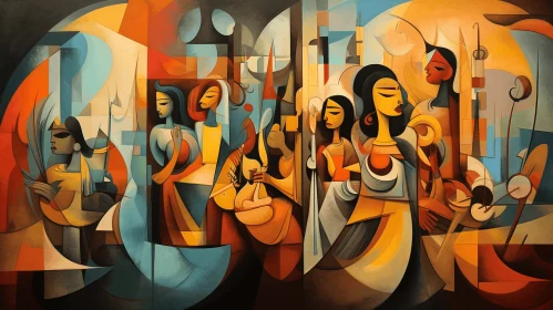 Abstract Painting of Woman and Group in Indian Scenes | Angular Cubism