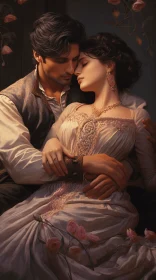 Romantic Painting: Embracing Couple Amongst Roses in Historical Fiction Style
