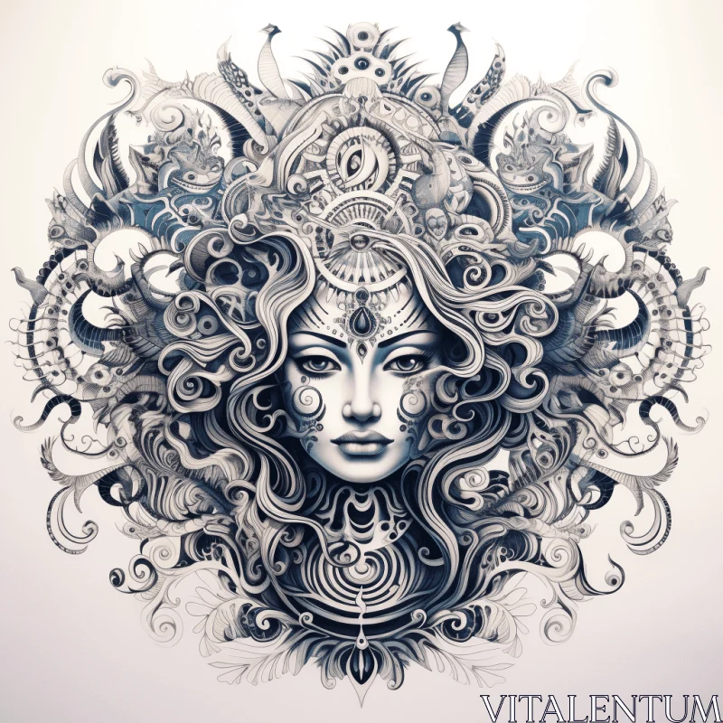 Ornate Drawing of a Woman's Face with Dreamlike Fantasy Creatures AI Image