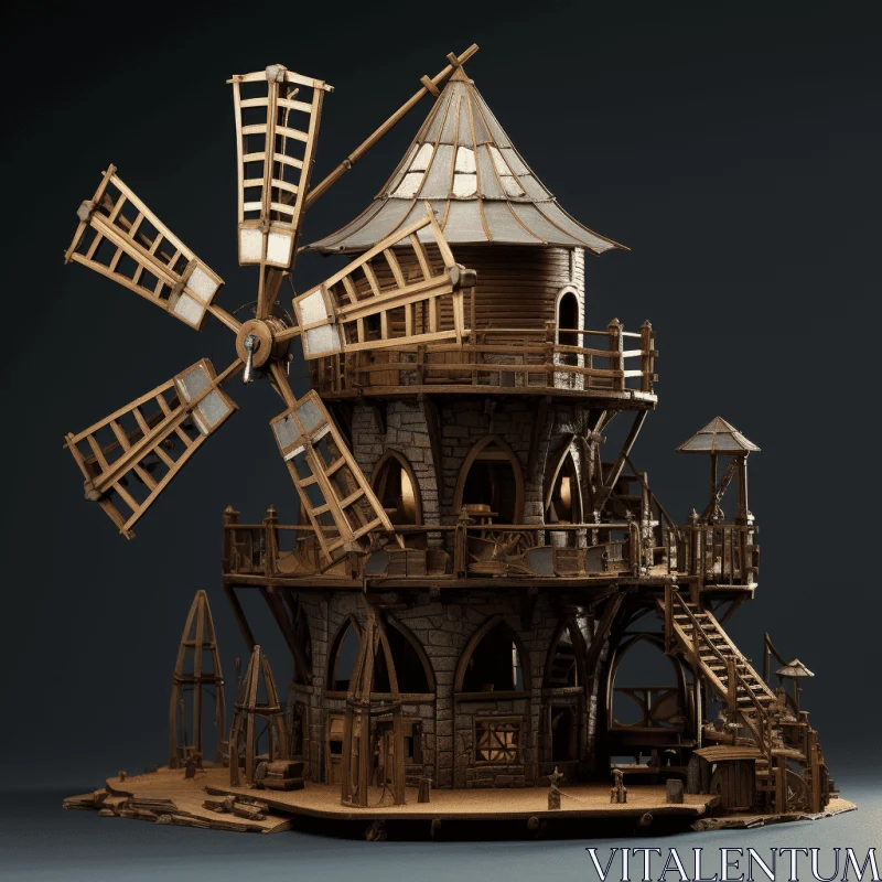 Intricate Antique Windmill 3D Model | Traditional Craftsmanship AI Image