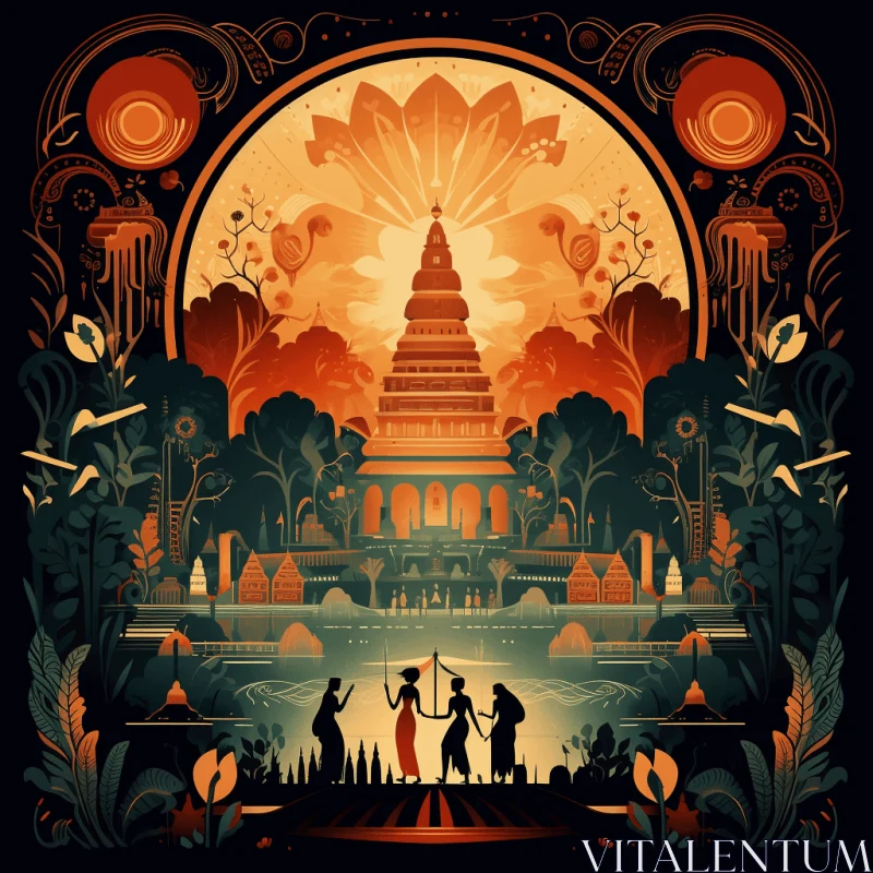 Ancient Thai Temple Illustration: Psychedelic Soundscapes and Elaborate Costumes AI Image