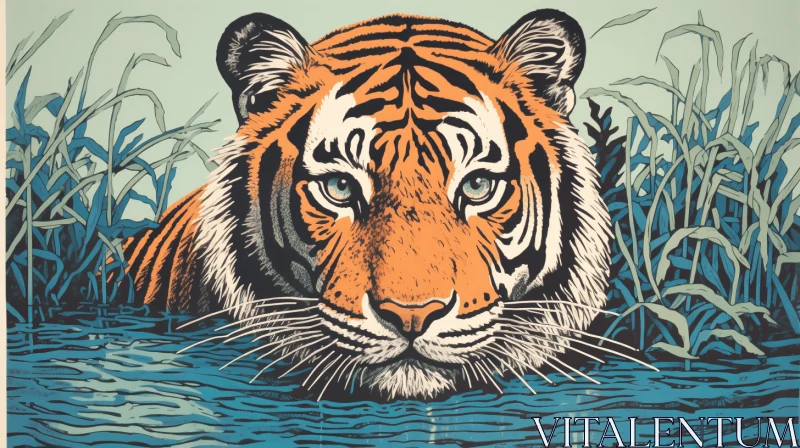 Captivating Tiger Swimming in Water - Vintage Lithographic Art AI Image