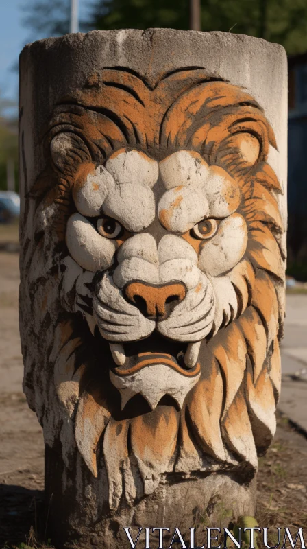 Concrete Lion Head Carving: A Captivating Street Art Composition AI Image