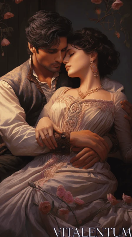 Romantic Painting: Embracing Couple Amongst Roses in Historical Fiction Style AI Image