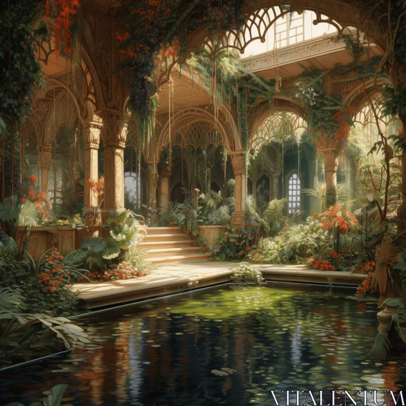 Enchanting Courtyard with Mysterious Jungle Fountain | Nature-inspired Imagery AI Image