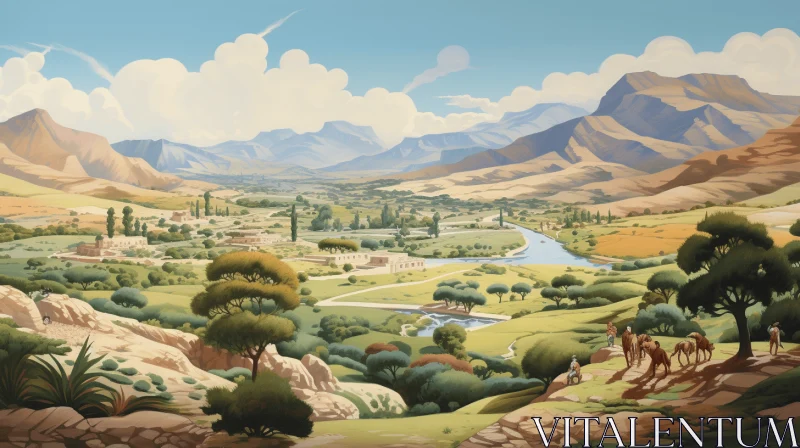 Captivating Landscape Painting of an Ancient Valley AI Image