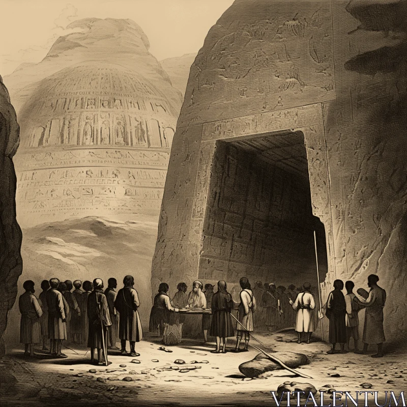 Men Gather in a Cave: Monumental Ink Paintings and Egyptian Iconography AI Image