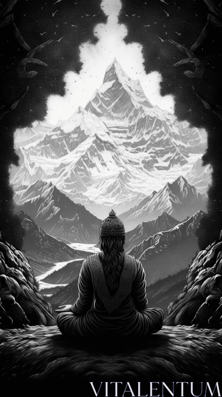 Serene Mountain Scene with Buddha - Intricate Black and White Illustration AI Image