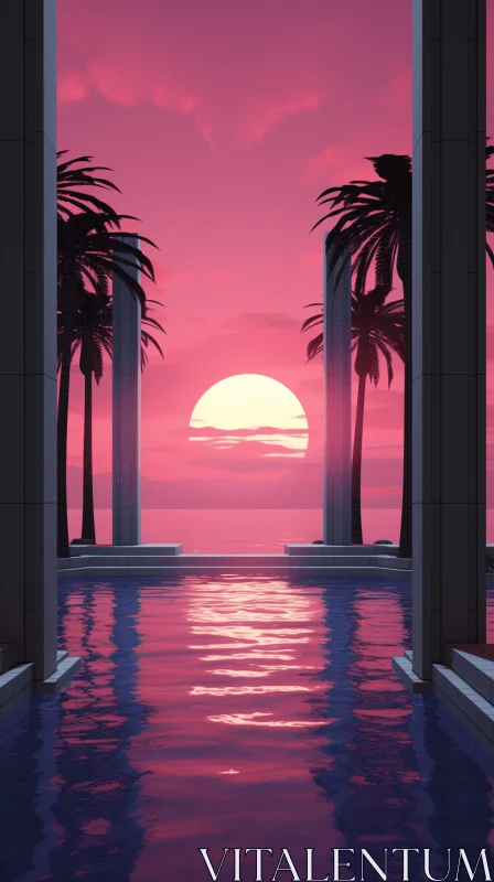 Tranquil Sunset with Palm Trees by a Pool - Futuristic Fantasy Art AI Image
