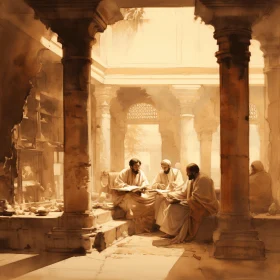 Captivating Image of Three Men in Hindu-Inspired Art and Architecture