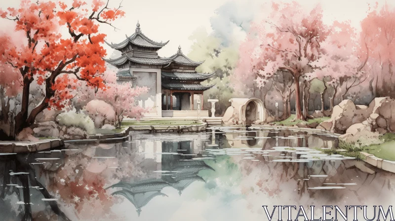 Colorful Chinese Landscape Illustration with Cherry Blossoms AI Image