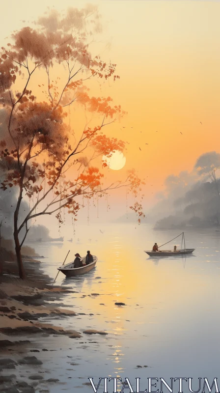 Tranquil Scenes: Digital Painting of People and a River AI Image